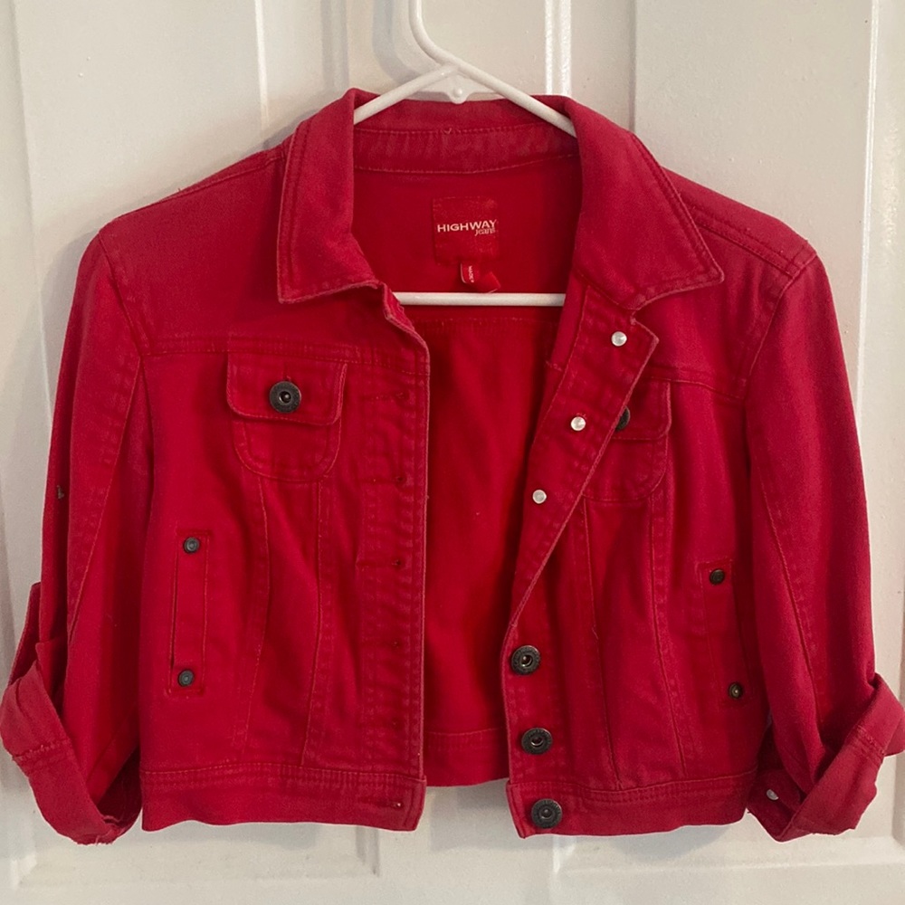 Cropped red jean jacket